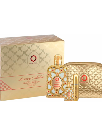 ESTUCHE ORIENTICA ROYAL AMBER 4 PIEZAS PERFUME 80ML + PERFUME 7.5ML + ATOMIZADOR + BOLSO
