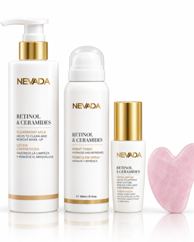 Estuche Nevada Retinol y Ceramides Hidrata, Mejora las lineas de expresion 4Pz Leche limpiadora / Serum Facial / Tonico Spray / Cuarzo rosa