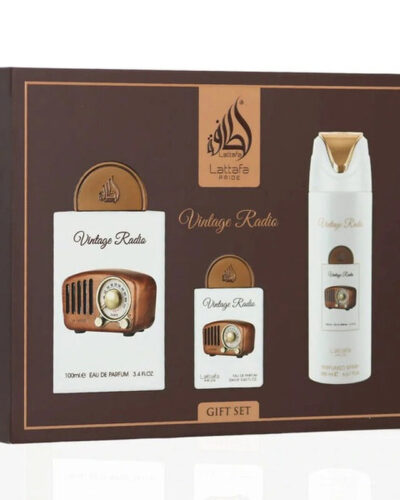 Estuche Lattafa Vintage Radio unisex EDP 3pz Perfume 100ml/Mini 20ml/Spray 200ml