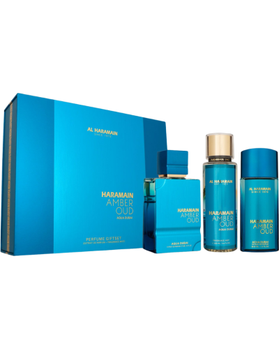 Estuche Al Haramain Amber Oud Aqua Dubai Unisex EDP 3 pz Perfume 75ml/Mini 30ml/Splash 250ml