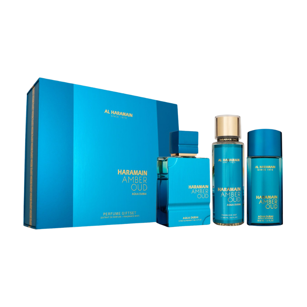 Estuche Al Haramain Amber Oud Aqua Dubai Unisex EDP 3 pz Perfume 75ml/Mini 30ml/Splash 250ml - Imagen 1