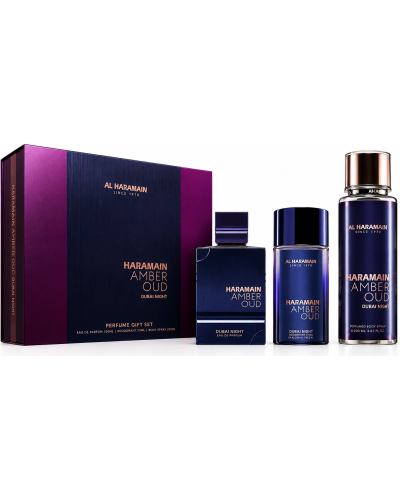 Estuche Al Haramain Amber Oud Dubai Night Unisex EDP 3pz Perfume 75ml/Mini 30ml/Splash 250ML