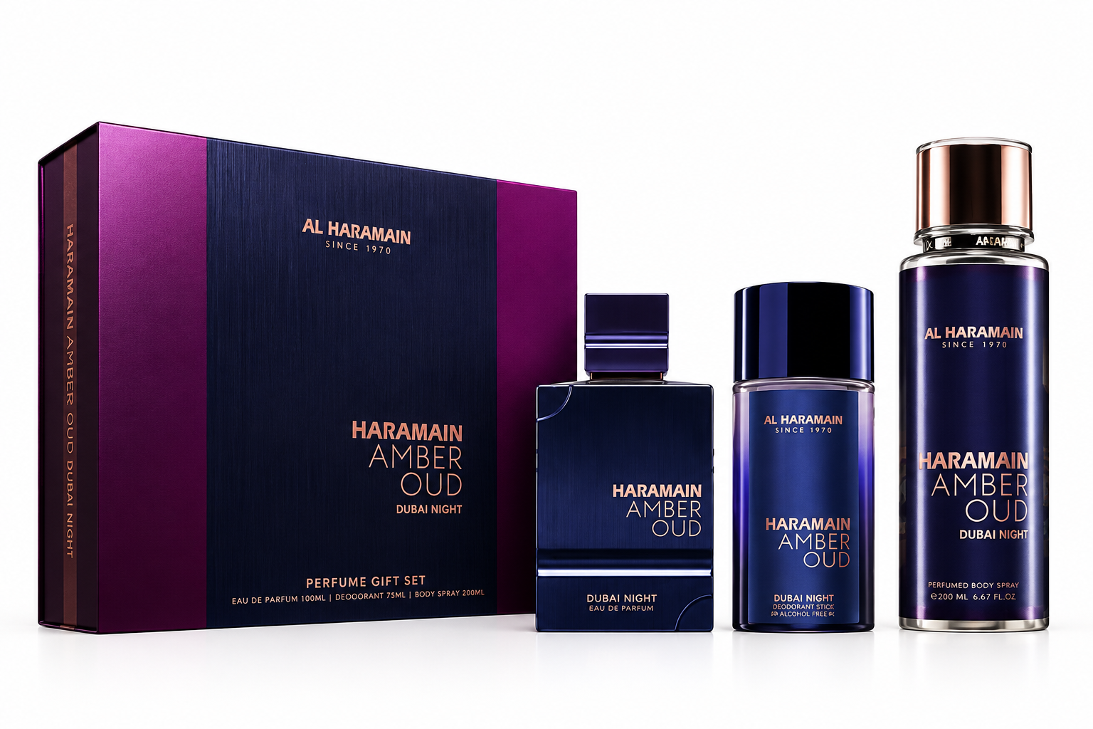Estuche Al Haramain Amber Oud Dubai Night Unisex EDP 3pz Perfume 75ml/Mini 30ml/Splash 250ML - Imagen 1